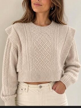 Babaton 100% Merino Wool oatmeal/cream Cable-Knit Crop Sweater